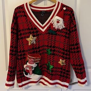 Ugly Christmas Sweater tartan 3D santa and snowman sequin stars M